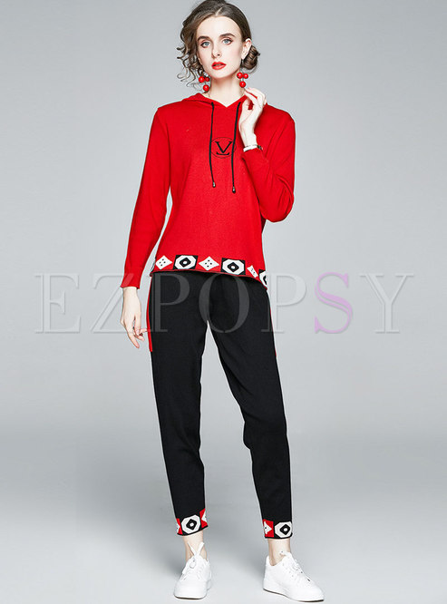 Casual Hooded Embroidered Sweater Pant Suits