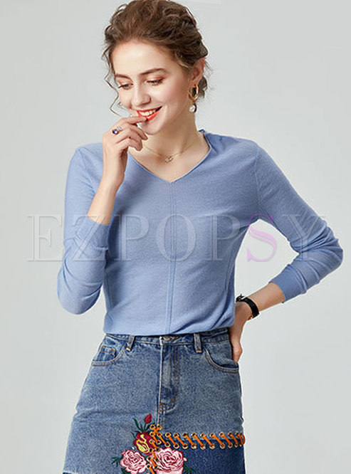 V-neck Pullover Solid Color Wool Sweater