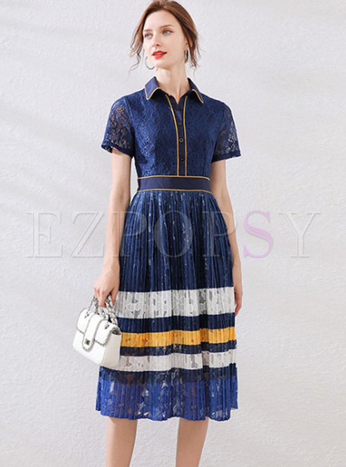 Short Sleeve Openwork Lace Pleated Dress