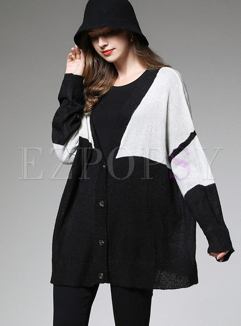 Color Block V-neck Plus Size Sweater Coat
