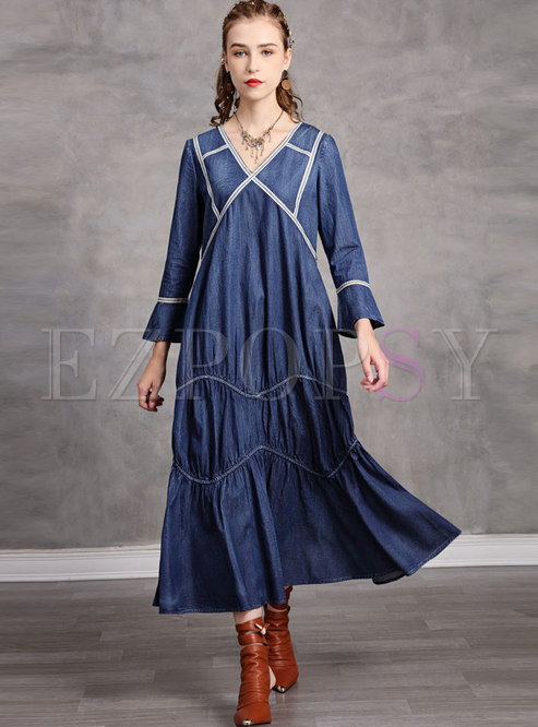 Dresses | Maxi Dresses | Flare Sleeve Denim Shift Maxi Dress