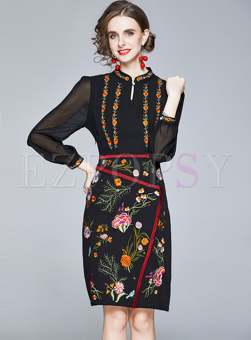 Mandarin Collar Embroidered Bodycon Dress