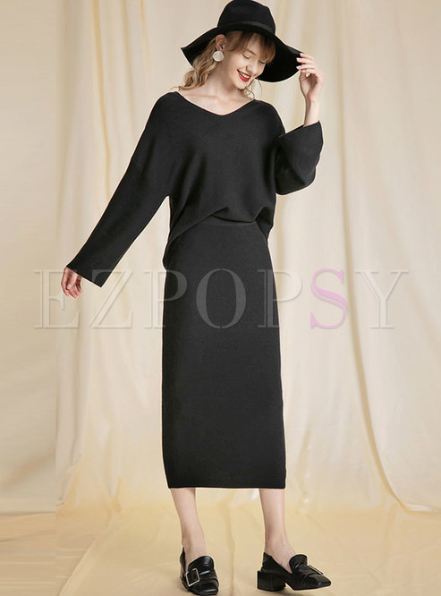 Solid Color V-neck Pullover Sweater Skirt Suits
