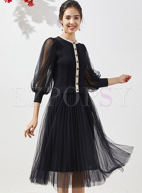 Black 3/4 Sleeve Mesh Patchwork Midi Dress
