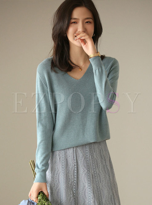 Solid Color V-neck Pullover Loose Sweater