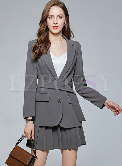Notched Slim High Waisted Pleated Skirt Suits