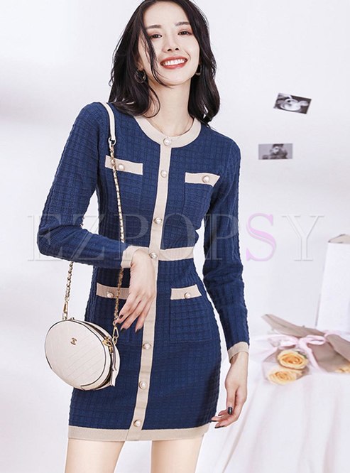 Color Block Patchwork Knitted Bodycon Dress