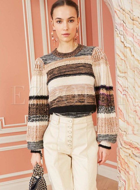 Lantern Sleeve Striped Pullover Sweater