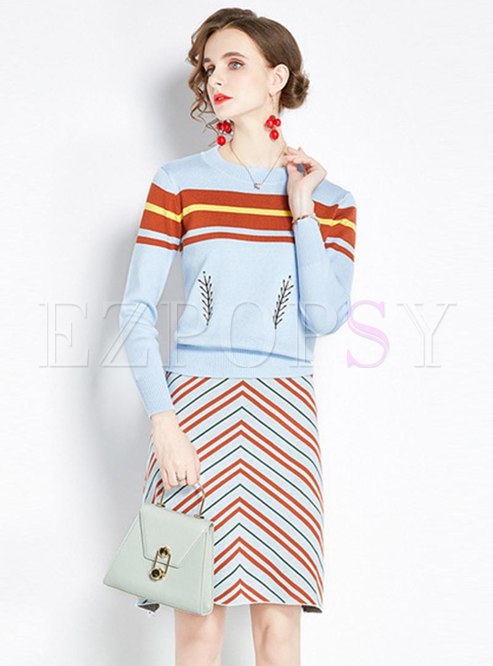 Crew Neck Striped Sweater Skirt Suits
