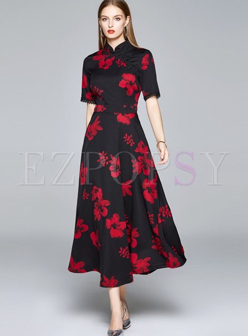 Mandarin Collar Print Big Hem Maxi Dresses