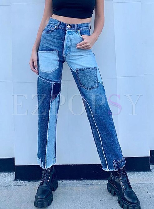 Color Block Patchwork Straight Fringed Jeans