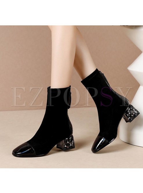 Square Toe Leather Patchwork Short Boots