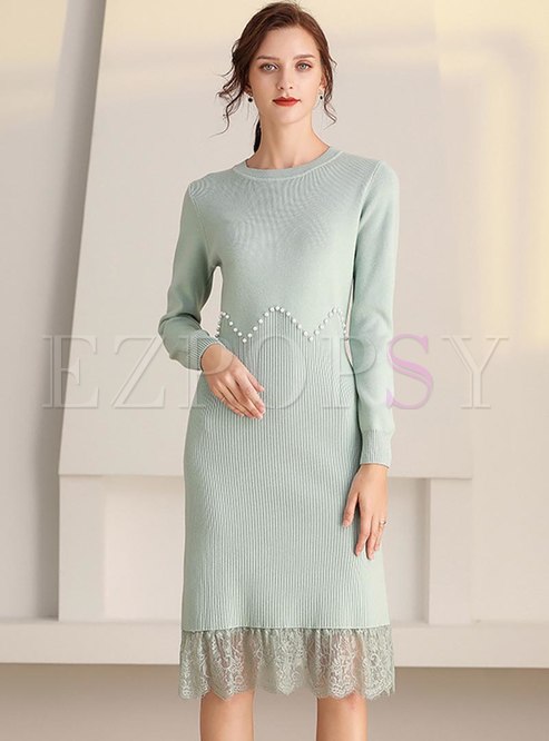 Long Sleeve Beaded Lace Patchwork Sweater Dress