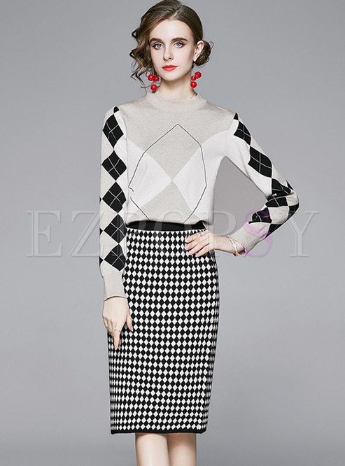 Mock Neck Plaid Sweater Skirt Suits