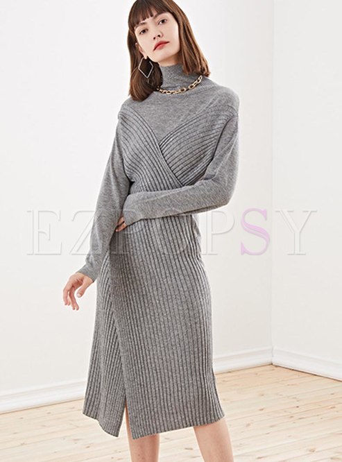 Long Sleeve Split Sheath Knitted Dress