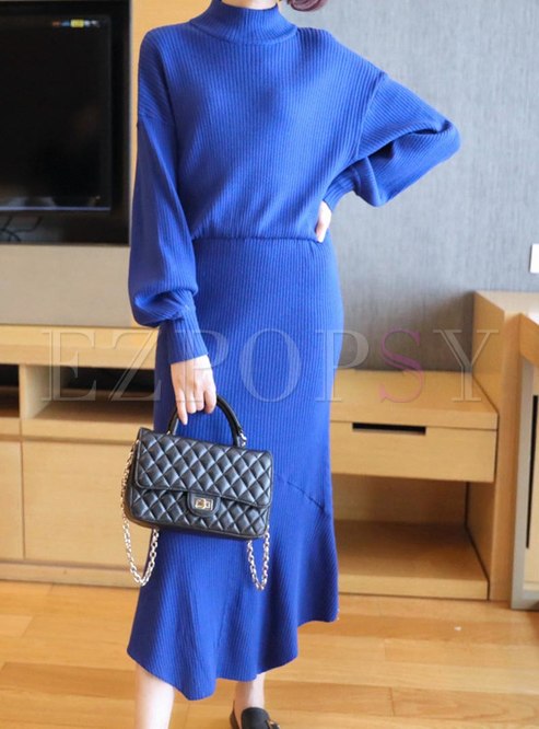 Long Sleeve Knitted Patchwork Ruffle Dress