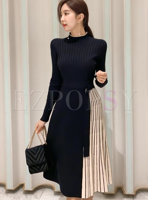 Color Block A Line Pleated Knitted Dress