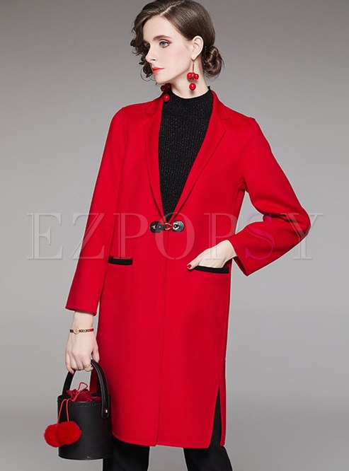 Pure Color Lapel Straight Wool Overcoat