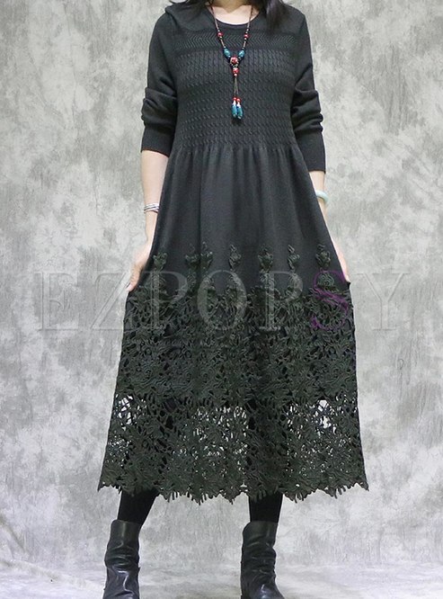 Lace Openwork Knitted Patchwork Long Dress