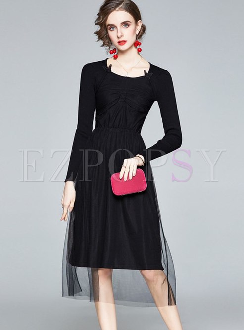 Long Sleeve Mesh Patchwork Knitted Midi Dress