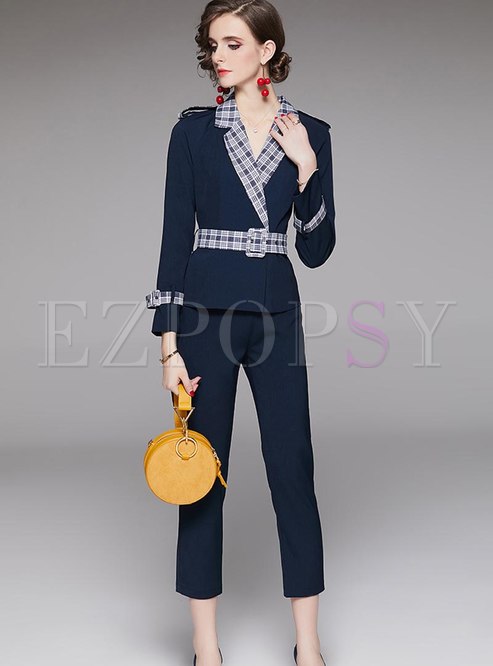 Plaid Patchwork Belted Work Pant Suits
