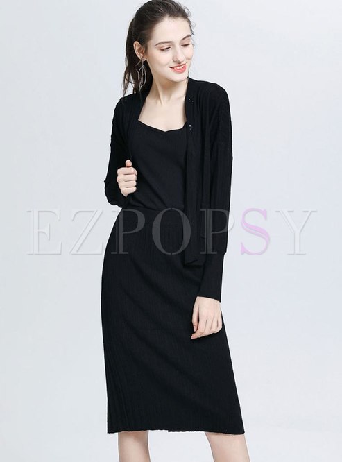 V-neck Single-breasted Knitted Skirt Suits