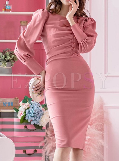 Puff Sleeve Crew Neck Ruched Bodycon Dress