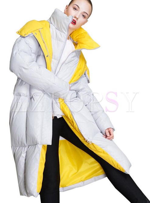 Color-blocked Hooded Long Down Coat