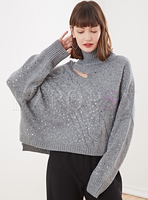 Openwork Long Sleeve Sequin Loose Sweater
