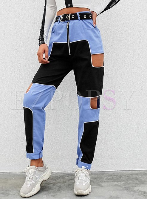 High Waisted Openwork Color-blocked Jeans
