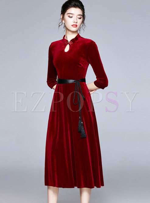 Dresses | Skater Dresses | Mandarin Collar 3/4 Sleeve Velvet Dress