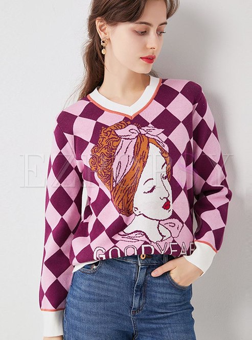 Pullover Diamond Character Pattern Sweater