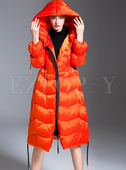 Hooded Drawstring A Line Down Coat