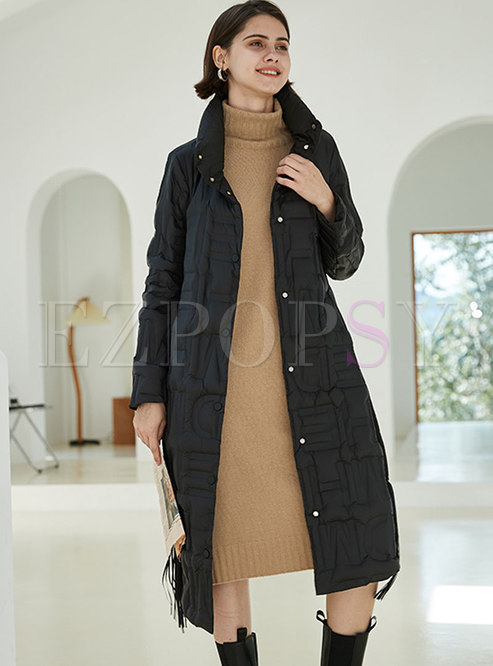 Single-breasted Long Fringed Down Coat