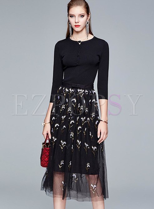 3/4 Sleeve Knitted Mesh Sequin Skirt Suits