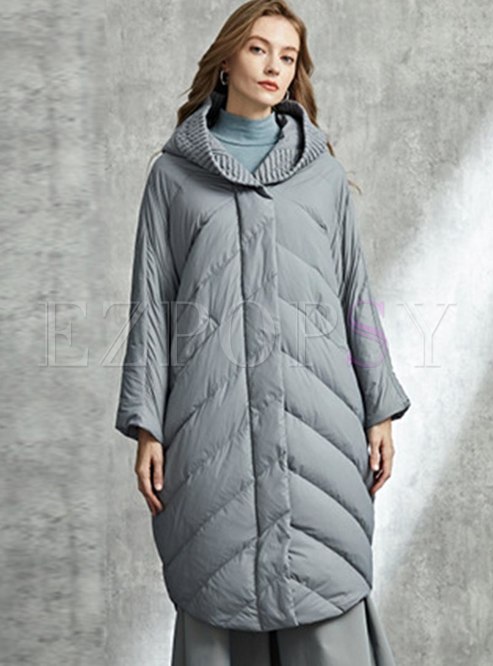 Pure Color Hooded Straight Down Coat