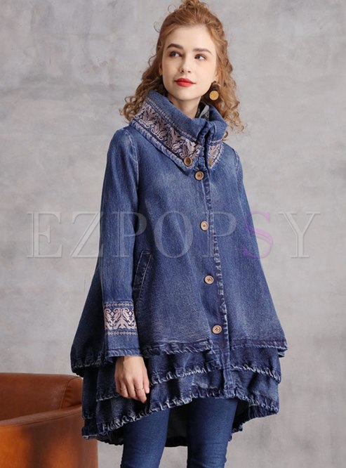 Stand Collar Embroidered Straight Denim Coat
