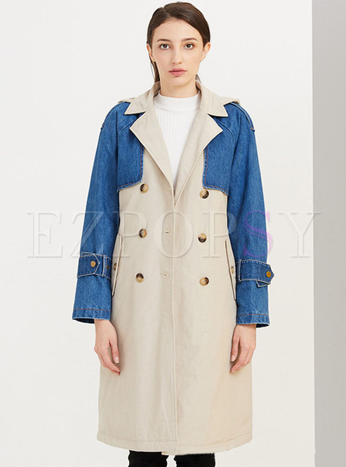 Hooded Denim Patchwork A Line Trench Coat