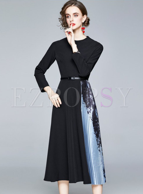 Color-blocked Crew Neck Patchwork Pleated Dress