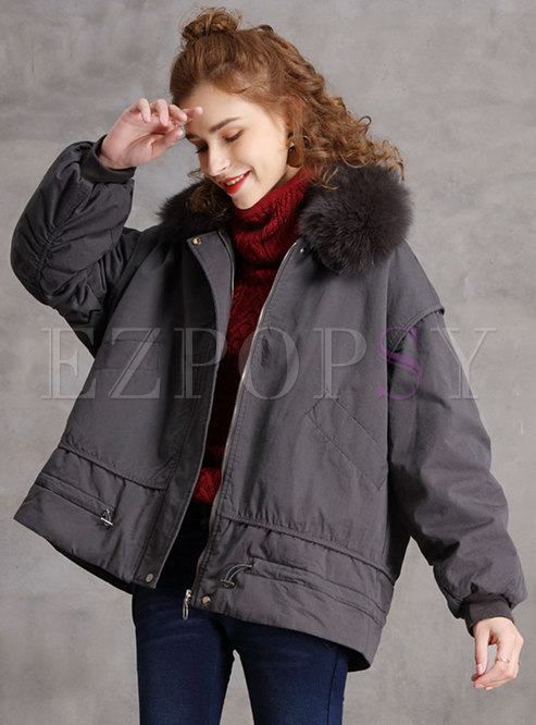 Fur Collar Straight Drawstring Coat
