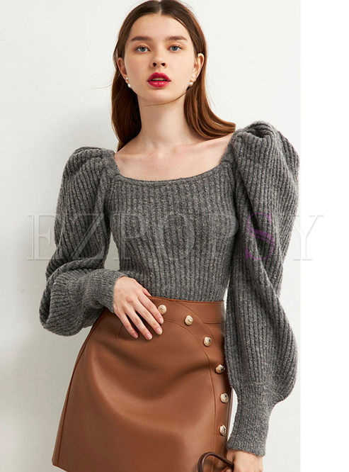 Square Neck Puff Sleeve Pullover Sweater