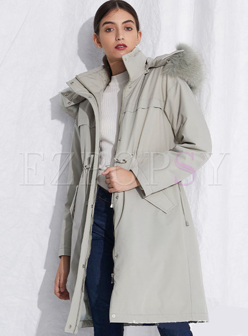 Removable Hooded Drawstring Straight Down Coat