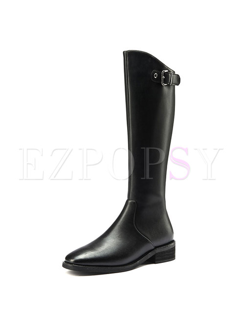 Rounded Toe Chunky Heel Long Biker Boots