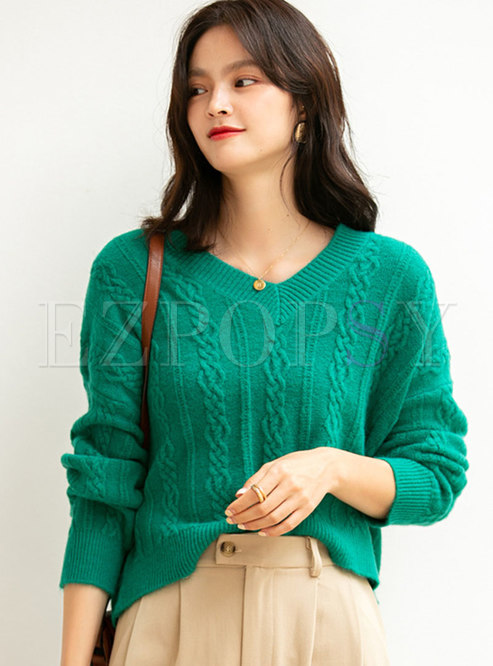 V-neck Pullover Long Sleeve Loose Sweater