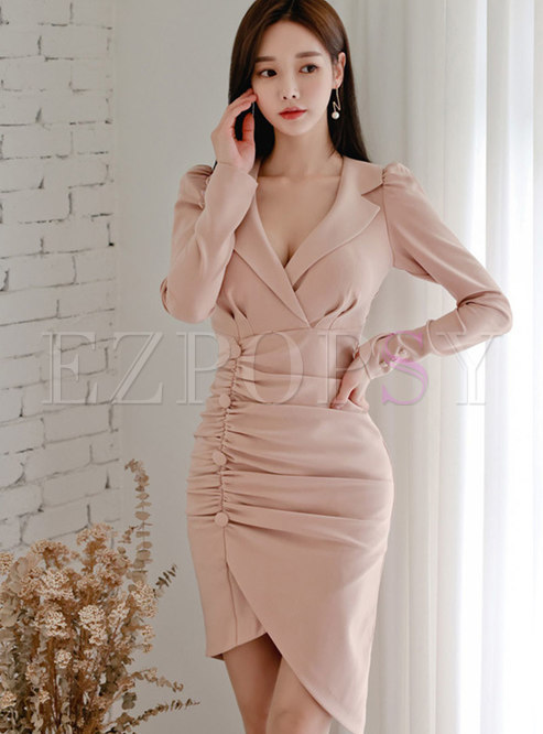 Notched Collar Long Sleeve Ruched Short Dress