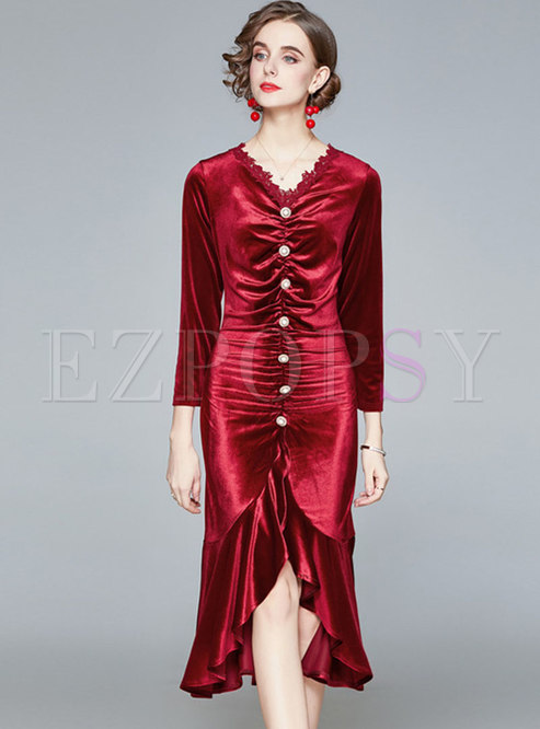 V-neck Ruched Velvet Bodycon Peplum Dress
