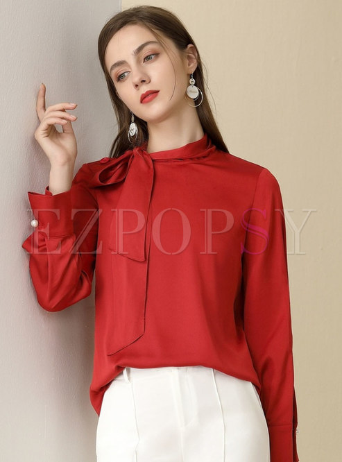 Bowknot Long Sleeve Pullover Blouse