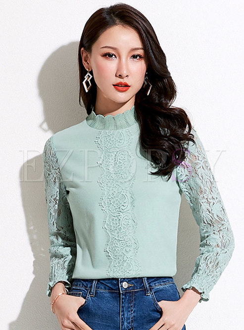 Tops | Blouses | Lace Openwork Mock Neck Slim Blouse