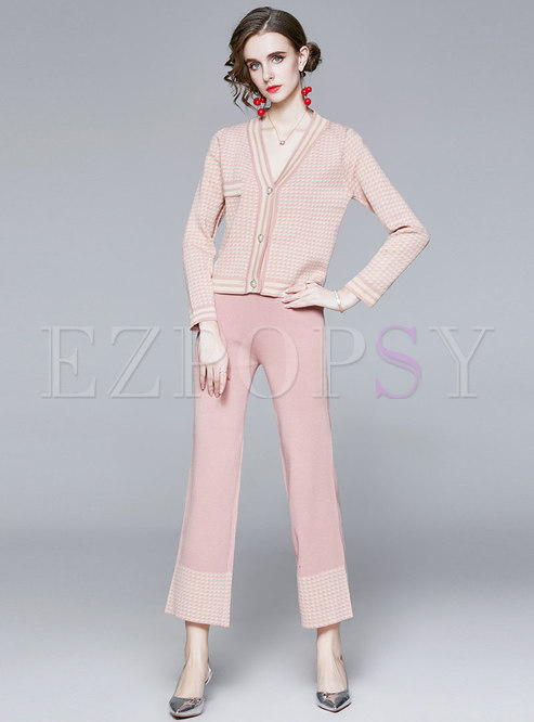 V-neck Plaid Slim Knitted Pant Suits
