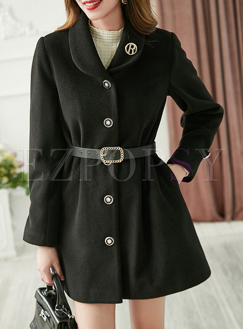 Black Doll Collar Single-breasted Belted Coat
